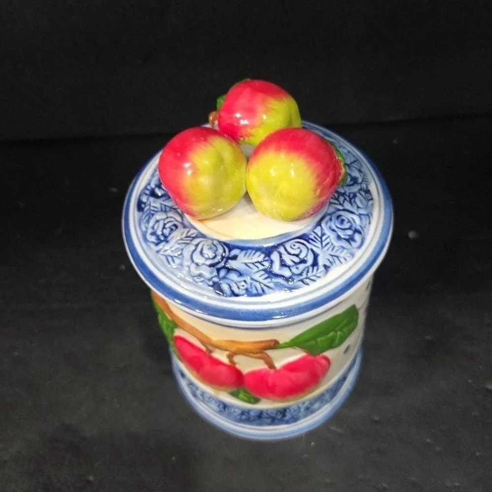 Kiln‎ Fired Clay Medium Apple Canister, Vintage Hand-Painted Kitchen Storage